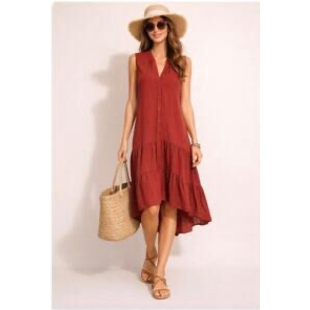 Drew Terracotta Double Gauze Cotton Tiered Sleeveless Midi Dress Medium